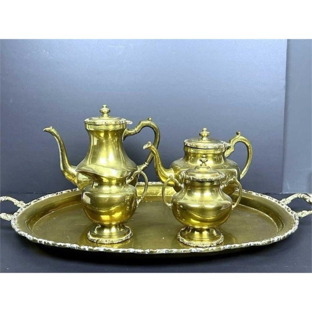Vintage Solid Brass Tea Coffee Set Tray 4 Pc Teapot Creamer Sugar Ornate